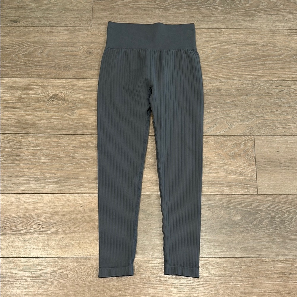 GRAY Wide Ribbed Seamless Active Gym Workout Lifting Yoga Leggings Size Small